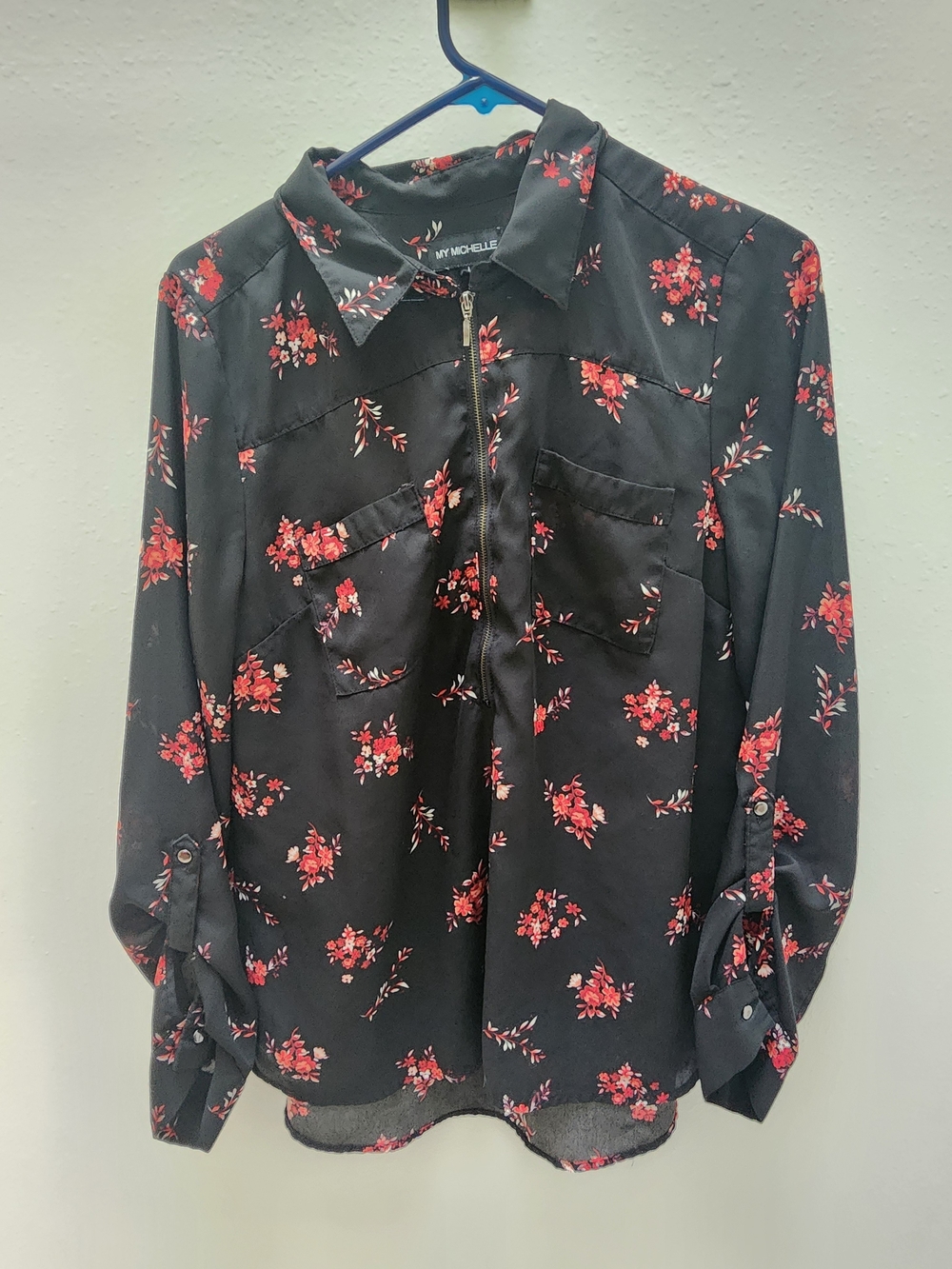My Michelle Black Shirt with Red Floral Print and Zip Front